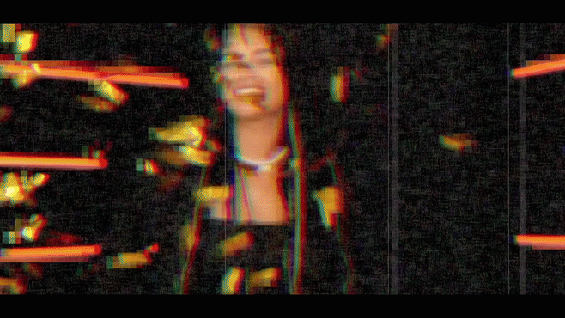 Woman with long hair in a glitch-effect photo booth image